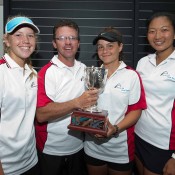 Team South Australia (L-R) Amber Marshall, Rohan Fisher, Selina Turulja and Jeanette Lin at 14/u Australian Teams Championship trophy presentation; Elizabeth Xue Bai