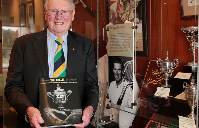 Frank Sedgman poses with his biography at Kooyong Lawn Tennis Club; Fiona Hamilton Frank Sedgman poses with his biography at Kooyong Lawn Tennis Club; Fiona Hamilton