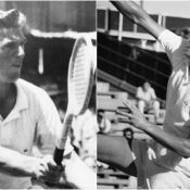 Frank Sedgman (left) and Roy Emerson are celebrating milestone US Open anniversaries.