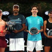(L-R) Barbora Krejcikova, Rajeev Ram, John-Patrick Smith and Astra Sharma after the Australian Open mixed doubles final (Getty Images)
