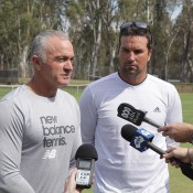 Wally Masur (L) and Pat Rafter take part in a media opportunity at Shepparton Lawn Tennis Club; Trevor Phillips