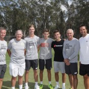 (L-R) Ben Pyne, Tony Roche, Blake Ellis, Alex De Minaur, Lucas Vuradin, Wally Masur and Pat Rafter at Shepparton Lawn Tennis Club; Trevor Phillips