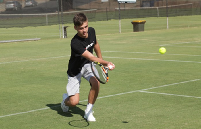 Lucas Vuradin takes part in a practice session ahead of the Junior Davis Cup and Junior Fed Cup Asia/Oceania qualifying competition at Shepparton Lawn Tennis Club; Trevor Phillips