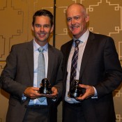 Todd Woodbridge (L) and John Fitzgerald are presented with Davis Cup Commitment Awards at the official team dinner in Melbourne; SMP Images