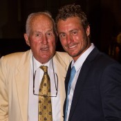 Current Australian captain Lleyton Hewitt (R) and former captain Neale Fraser at the Davis Cup official team dinner in Melbourne; SMP Images