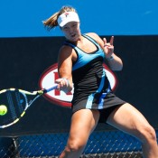 Sophie Ferguson in her first round group match vs Monika Wejnert. Nic Bishop.