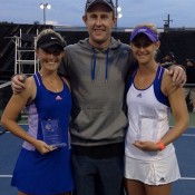 (L-R) Storm Sanders, coach Simon Rea and Jess Moore pose on court after Sanders and Moore won the ITF doubles title in Granby, Canada; courtesy Storm Sanders' Instagram