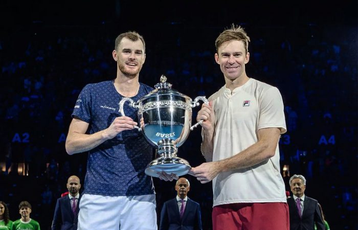 Jamie Murray and John Peers with the trophy after winning the 2024 ATP 500 Basel title. Photo: Swiss Indoors Basel