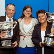(L-R) Ashley Cooper, Senator Kate Lundy and Evonne Goolagong with the Australian Open trophies at Tennis on the Terrace in Canberra, at which a partnership between the Federal Government and Tennis Australia was announced; Mark Riedy