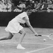 Australia's Thelma Coyne Long competes against Maureen Connolly of the USA in the semifinal of the Women's Singles in the Surrey Championships at Surbiton, Surrey, UK on 29 May 1952; Douglas Miller/Keystone/Hulton Archive/Getty Images