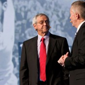 Roy Emerson (left) and Craig Tiley at the Australian Open 2012 launch at Melbourne Park. TENNIS AUSTRALIA