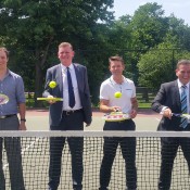 (L-R) Princes Hill Tennis Club President Peter Mattessi, Tennis Victoria CEO Matthew Kennedy, tennis legend Todd Woodbridge, Hon. Minister for Sport Mr John Eren; Tennis Victoria