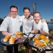 Todd Woodbridge (centre) with Mamasita's Andrew Logan (L) and Huxtaburger's Daniel Wilson (R); Fiona Hamilton