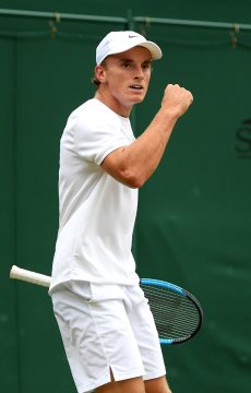 LONDON, ENGLAND - JULY 06: Tristan Schoolkate of Australia celebrates in his Boys' Singles first round match against Toby Kodat of the United States during Day six of The Championships - Wimbledon 2019 at All England Lawn Tennis and Croquet Club on July 06, 2019 in London, England. (Photo by Shaun Botterill/Getty Images)
