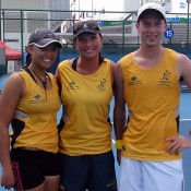The Australian team at the World University Games (l to r:) Alison Bai, team manager Karen Butler and Sam Thompson.