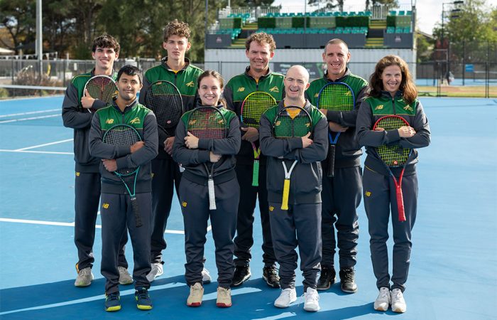 AUS VIRTUS WORLD TENNIS TEAM (L-R) Hayden Ballard, Hunter Thompson, Archie Graham, Damian Phillips, Kelly Wren, Aman Ramadani, Andriana Petrakis, Timothy Gould at the Australian IDA final training camp at Tennis World Canberra, before the Virtus World Tennis Championships in Kazakhstan, shot on Thursday, April 24, 2025. (TENNIS AUSTRALIA/ MARTIN OLLMAN)