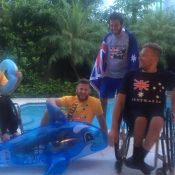 The Australian men's wheelchair team of (L-R) Heath Davidson, Ben Weekes, Adam Kellerman and Dylan Alcott relax by the pool in Miami; Tennis Australia
