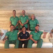 Front row: the Australian wheelchair tennis team of (L-R) Heath Davidson, Adam Kellerman, Sarah Calati, Ben Weekes and Dylan Alcott; Tennis Australia