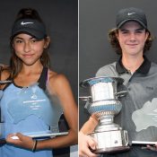 Anastasia Berezov (L) and Cooper White pose with their 14/u Australian Championships trophies at Melbourne Park (photo credit Elizabeth Xue Bai)