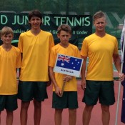 The Australian World Junior Tennis team from (L-R) Kody Pearson, Alexei Popyrin, Alex De Minaur and coach Ben Pyne; Tennis Australia