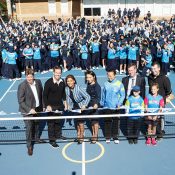 Todd Woodbridge (front row, second from left) was in Canberra to officially open new ANZ Hot Shots mini-courts at two primary schools; Tennis Australia