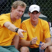 Mark Woodforde (L) and Harry Bouchier discuss tactics during the Junior Davis Cup world finals in Barcelona; photo Srdjan Stevanovic