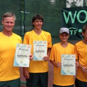 The top-placing Australian World Junior Tennis team of (L-R) coach Ben Pyne, Alexei Popyrin, Kody Pearson and Alex de Minaur; Tennis Australia
