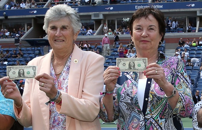 Australians Judy Tegart Dalton (L) and Kerry Melville Reid join other members of the Original Nine in posing with their symbolic $1 bills at the 2015 US Open; Getty Images Australians Judy Tegart Dalton (L) and Kerry Melville Reid join other members of the Original Nine in posing with their symbolic $1 bills at the 2015 US Open; Getty Images