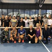 Casey Dellacqua (centre) joins several of Ausralia's top female tennis players at the Tennis Australia's WTA skills development camp in Melbourne.