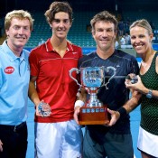 World Tennis Challenge 2014 winners (l to r): Thanasi Kokkinakis, Pat Cash and Nic Bradtke with WTC Tournament Director Mark Woodforde  (far left). Credit: WTC