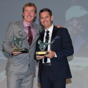 Mark Woodforde (L) and Todd Woodbridge pose with their Philippe Chatrier awards at the ITF World Champions Dinner in Paris on Tuesday 3 June 2014; Elizabeth Xue Bai 