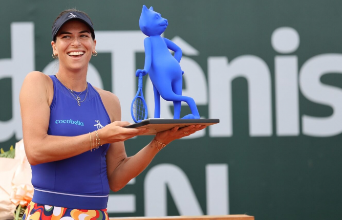 Ajla Tomljanovic celebrates her title victory in Brazil. Ajla Tomljanovic celebrates her title victory in Brazil.